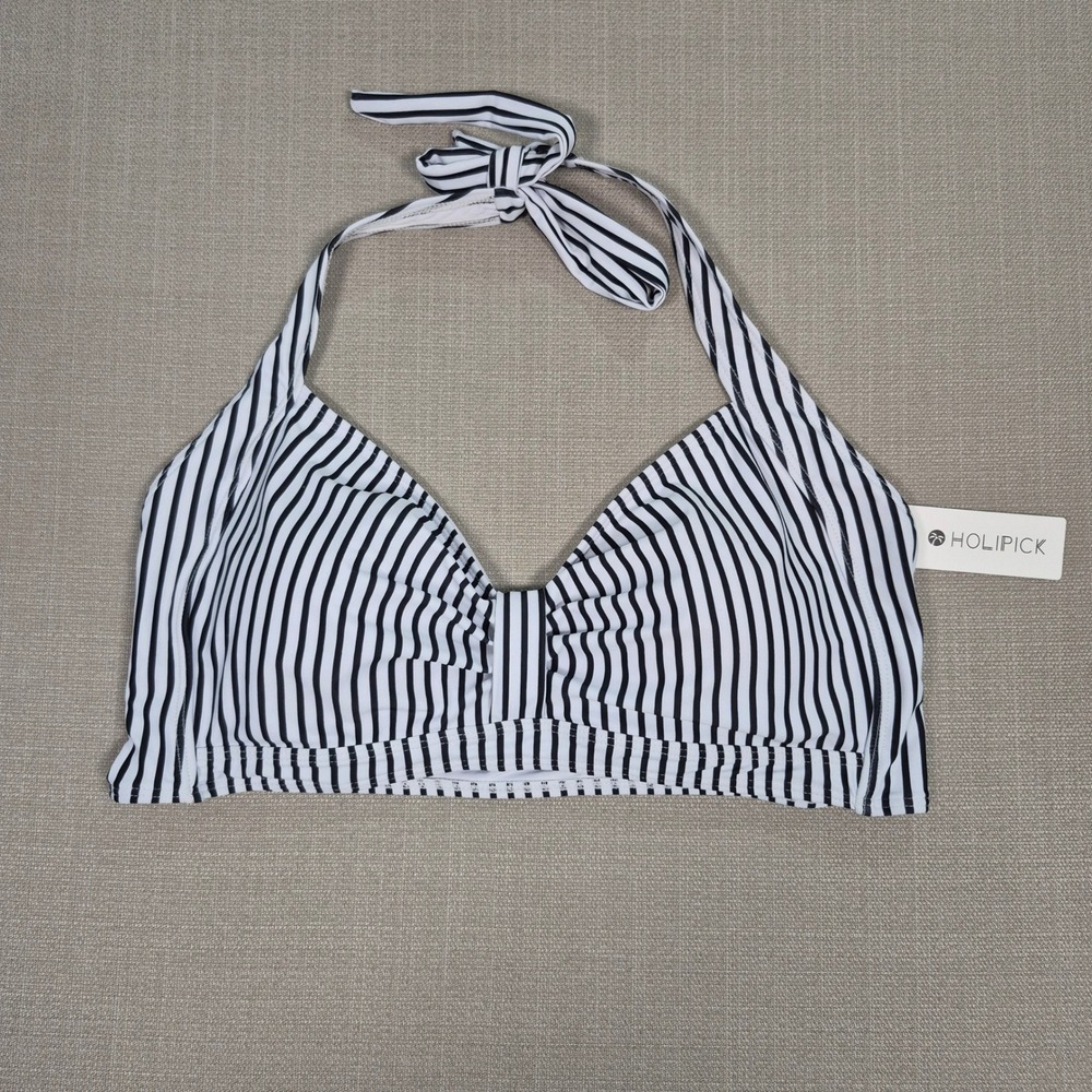 Holipick Womens Black White Striped‎ Halter Bikini Top Padded Ruched XL New